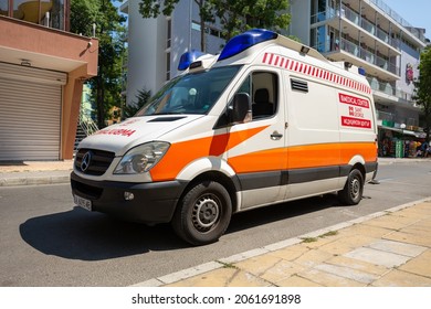 Burgas, Bulgaria - October 24, 2021: Ambulance Vehicle From Saint George Stands In Front Of The Medical Center In Bulgaria.