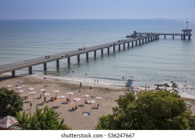 Burgas - July 29: Beach and sea bridge in the background of blue sky on July 29, 2016 Bourgas,