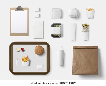 Burger Bar Corporate Identity Template Design Set. Branding Mock Up, Top View