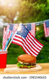 Burger Bar Party In A Patriotic Theme. July 4 Independance Day Patriotic Symbols USA. National Celebration Fourth Of July Federal Holiday United States.