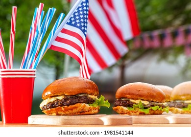 Burger Bar Is A Party In A Patriotic Theme. July 4 Independance Day Patriotic Symbols USA. National Celebration Fourth Of July Federal Holiday United States.