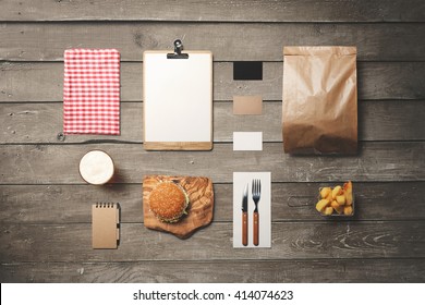 Burger Bar Stationery Mock-Up, on dark wood background