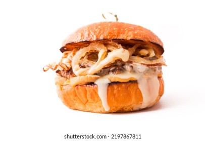 Burger With Beef Cutlet Under Tender Cream Cheese With Champignons And Onion Chips On A White Background. Horizontal Photo