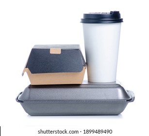 Burger box, food container and cardboard cup of coffee on white background isolation, food take away, delivery