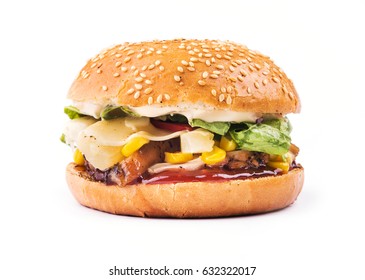 Burger With Cheese, Chicken, Pineapple And Corn Isolated On White Background