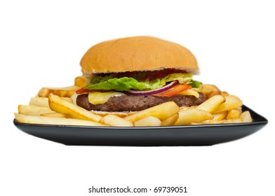 Burger And Chips On A Plate Isolated On White Background