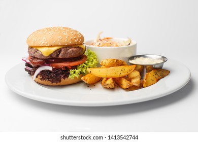 Burger With Chips, Potatoes, Cheese Sticks And Salad On A White Background