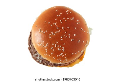 Burger Close Up Isolated On White Background. View From Above