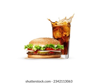 Burger and cold drink Combo, white Background Easy Png, Veg Burger and soft drink glass with splash