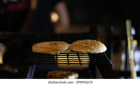 Burger Cooking On The Grill At The Restraunt Kitchen