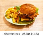 Burger Crispy fried chicken sandwich with cheese, lettuce, and mayo, served alongside crinkle-cut fries on a plate