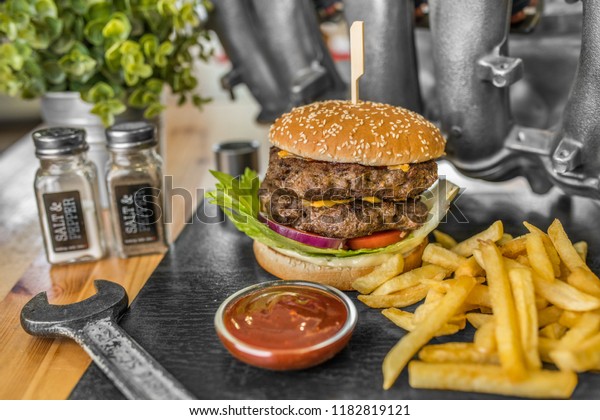 Burger - Double\
Beef Burger with french\
fries