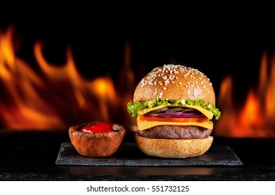 Burger With Fire Flames