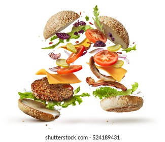 burger with flying ingredients