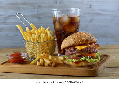 Burger with French fries and Cola