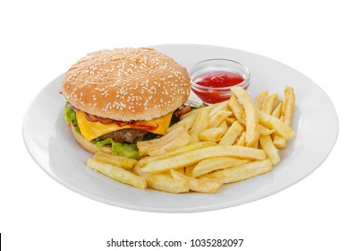 Burger With French Fries And Ketchup, Barbecue Sauce. Side View. Serving, Serving For A Cafe, A Restaurant In The Menu. Isolated, White Background On Plate