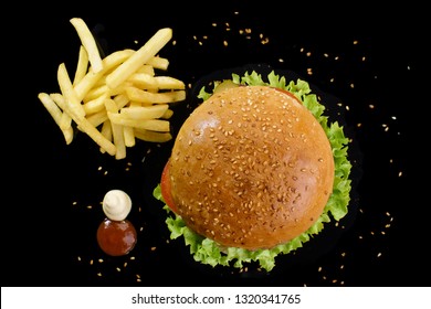 Burger With French Fries Top Shot