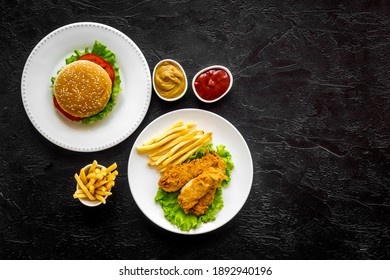 Burger With Fried Potatoes And Chicken, Top View