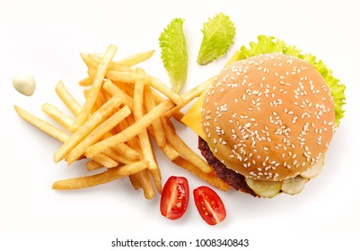 Burger And Fried Potatoes Isolated On White Background, Top View