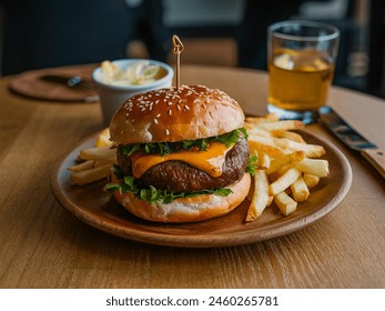 Burger with fries on wooden plate and table - Powered by Shutterstock