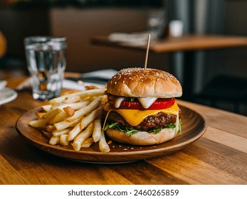 Burger with fries on wooden plate and table - Powered by Shutterstock