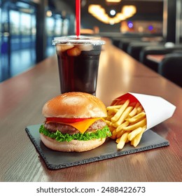 burger, fries, spin roll and cold drink on the table in the restaurant - Powered by Shutterstock