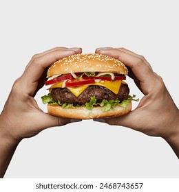 Burger hold on human hand. 
It is a high quality image - Powered by Shutterstock