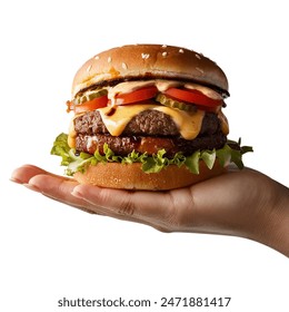 Burger hold on human hand. 
It is a high quality image for business - Powered by Shutterstock