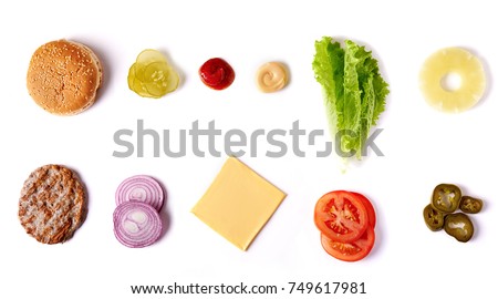 burger ingredients isolated on white background. top view