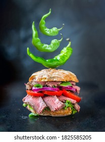 Burger Meat Bun Vegetables Sandwich Green Chili Organic Ingredients Cook A Snack Meal On The Table Tasty Serving Size Portion Top View Copy Space For Text Food Background Rustic