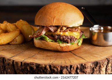 burger with meat, burger on a wooden table, juicy burger with different fillings