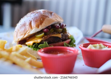 Burger,  Mexican Burger With French Fries And Sauce Bowl