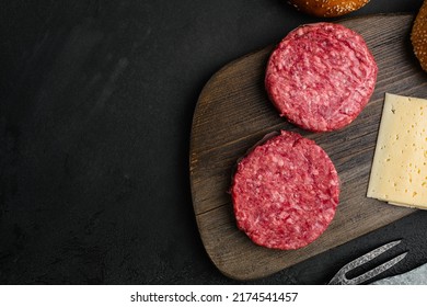 Burger Patty, Ground Beef Meat, On Black Dark Stone Table Background, Top View Flat Lay, With Copy Space For Text