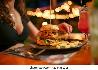 Burger Pub Outdoor Table Night Time Cocktail