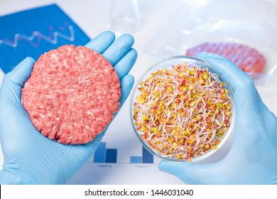 Burger putty in one hand and plant sprouts material in Petri dish. Laboratory vegetarian hamburger meat substitute concept.