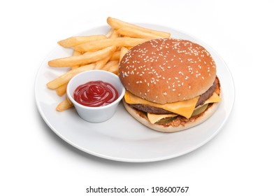 Burger With Red Sauce And Fries Isolated On The White Plate