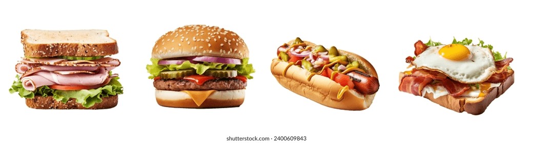 Burger, sandwich and hotdog isolated on white background