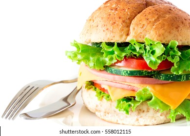 Burger Sandwiches Bread With Bacon , Ham And Cheese With Vegetable , Healthy Breakfast On White Background , Healthy Breakfast Food Concept