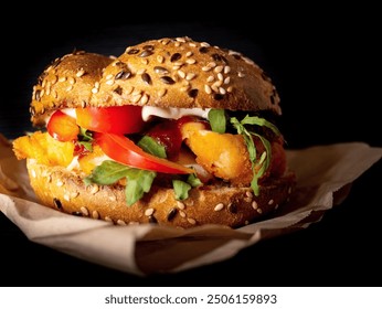 A burger with a sesame seed bun, lettuce, tomatoes, and a creamy sauce. A mouthwatering burger, captured in close-up, features layers of fresh green spinach leaves, ripe tomato slices, cheese. - Powered by Shutterstock