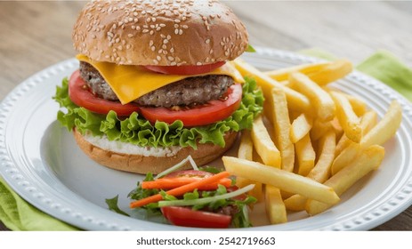 Burger: A sesame seed bun burger with lettuce, tomato, cheese, and a patty, served with crispy fries and a side salad on a wooden surface with a green cloth beneath. - Powered by Shutterstock