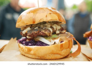 Burger street city red cabbage onion cheese tasty bacon lettuce macro fast food grill delicious fresh yogurt dressing mayonnaise vegetable ground beef snack and pork old, american kitchen - Powered by Shutterstock