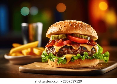 burger with tomateoes lettuce and pickles on a wooden plate and friest at the back - Shutterstock ID 2309539129