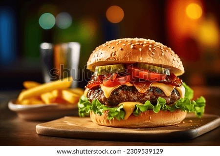 burger with tomateoes lettuce and pickles on a wooden plate and friest at the back