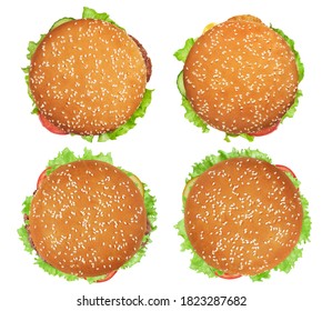 Burger With Vegetables And Meat Isolated On White Background. Top View.