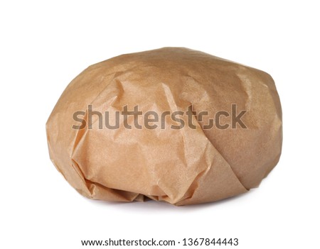 Burger wrapped in craft paper isolated on white