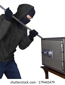 A Burglar With A Crowbar Is Trying To Open A Safety Box