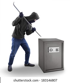 Burglar With A Crowbar Is Trying To Open A Safety Box Isolated Over White