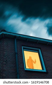 Burglar With Pistol In Eerie House With Illuminated Window Under Stormy Sky At Dusk.