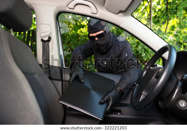 Burglar stealing laptop from a car whose\
windows he broke\
forcefully.