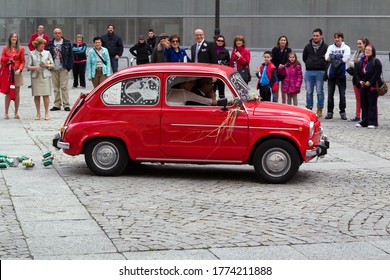 Burgos, CASTILLA Y LEÓN, Spain; May 2015: Concentration Of Vintage Cars At A Wedding, Seat Brand, Mythical Six Hundred.